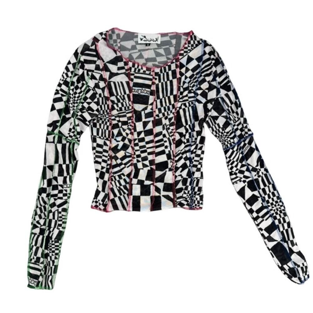 O'Mighty Stevie Mesh Top Long Sleeve Small Geometric Psychedelic Black White
